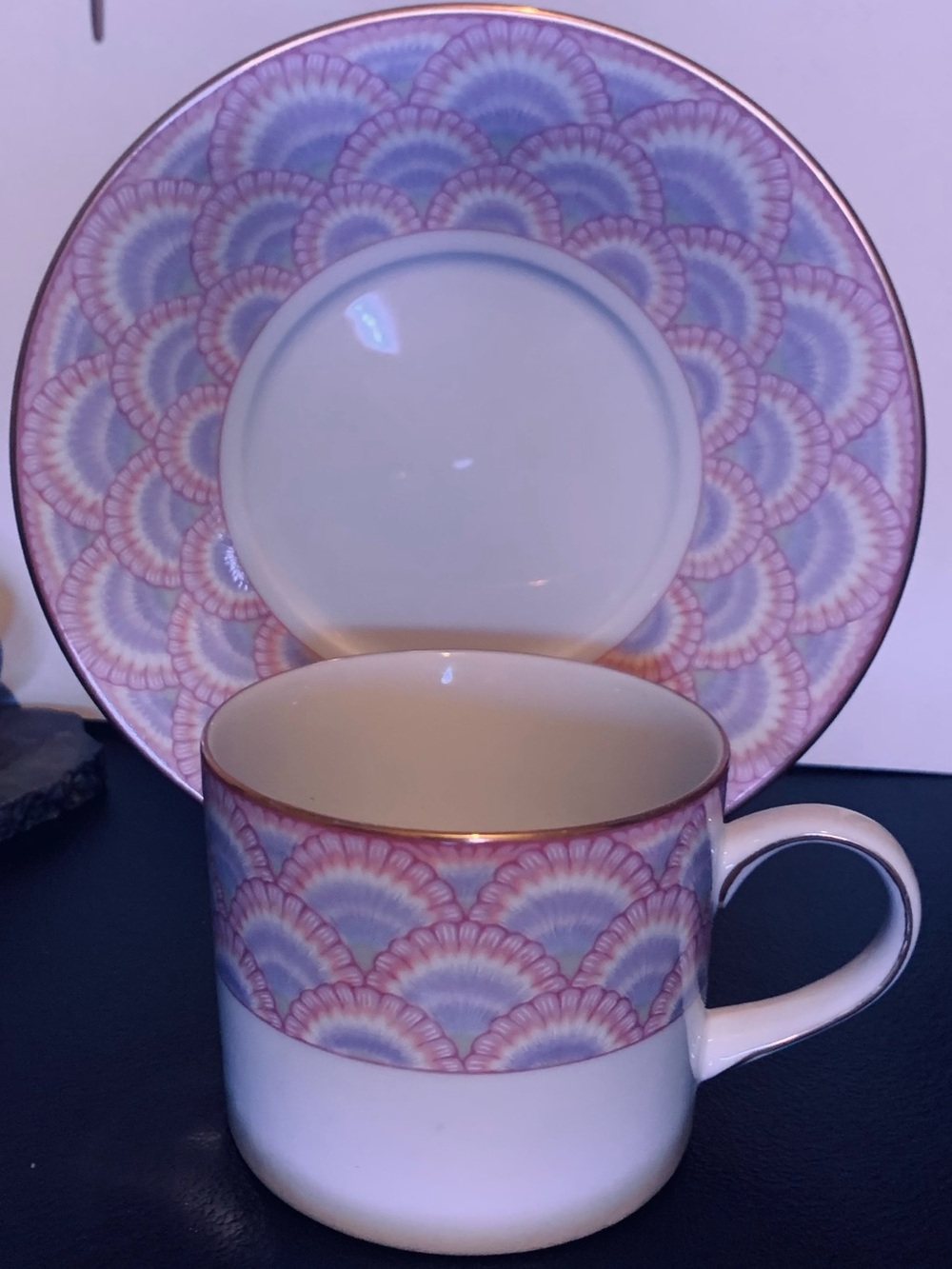 Muirfield Coquille Cup & Saucer in Elegant Pink/Lavender Scallop and gold trim